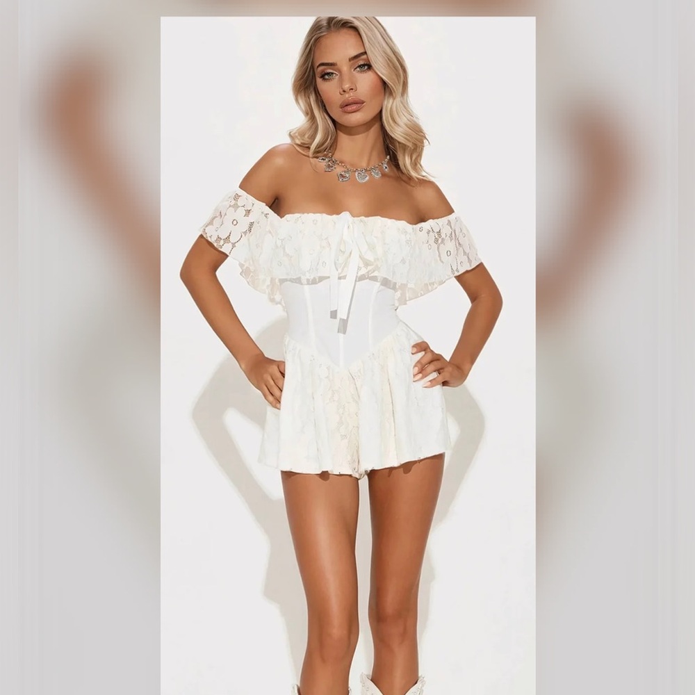 SOLD!Fashion Nova White Lace Off-Shoulder Romper
